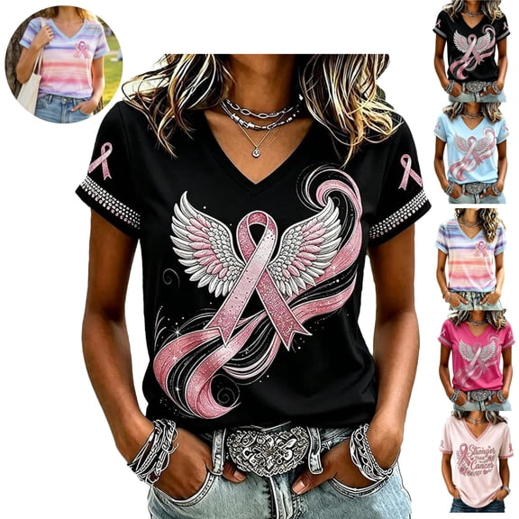 Mfakffe Breast Cancer Shirts for Women Breast Cancer Awareness V Neck Short Sleeve T-Shirt Pink Angel Wings Pink Ribbon Graphic Casual Tee