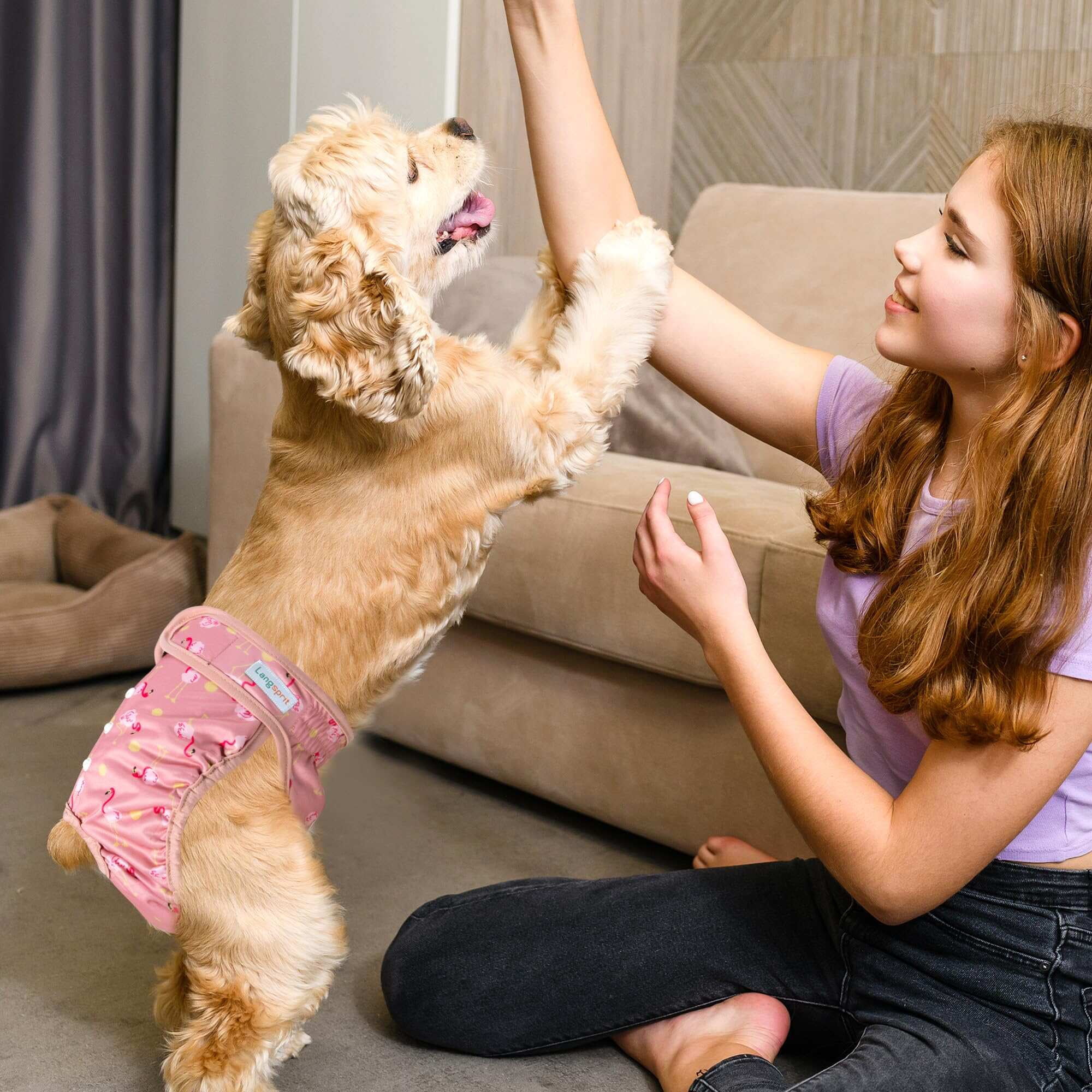 Langsprit Washable Female Dog Diapers (3 Pack) - No Leak Reusable Diapers for Doggy Female in Period - Highly Absorbent Dog Heat Panties with Adjustable Snaps,Flamingo Dog Duck,L