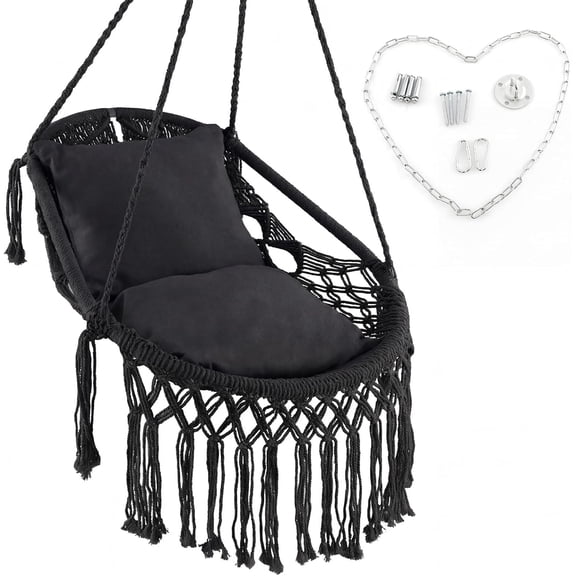 BoldGear Macrame Swing Chair, Hanging Porch Swing w/Soft Seat Cushions, Cotton Rope & Hardware Kits, Holds Up to 330 LBS, Oval Hammock Chair for Indoor Outdoor Home Patio Balcony (Black)