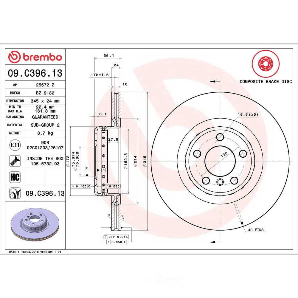 Brembo 09.C396.13 BRAKE ROTORS Fits select: 2012-2013 BMW 328 I SULEV, 2014-2015 BMW 328 I