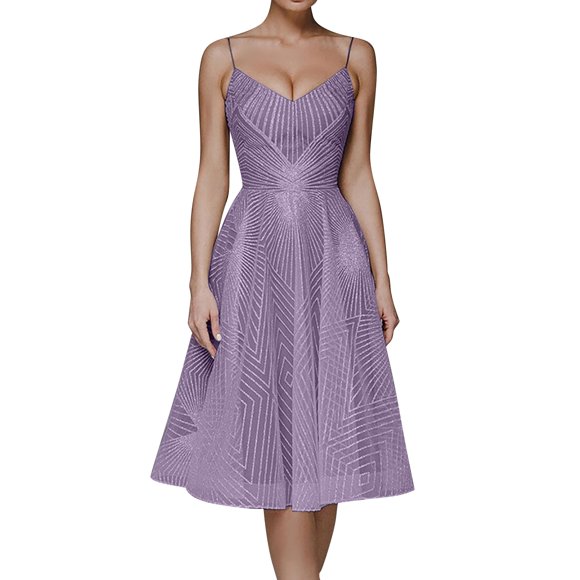 Ketyyh-chn99 Party Dress for Women Cocktail Dress V-Neck Solid Party Dress Formal Swing Elegant Floral Dress Wedding Guest Purple,L