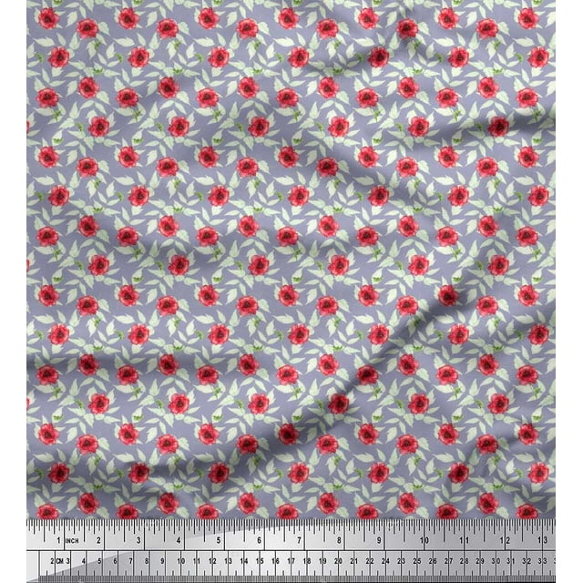 Soimoi polyester Crepe Fabric Leaves & Poppy Floral Decor Fabric Printed Yard 42 Inch Wide