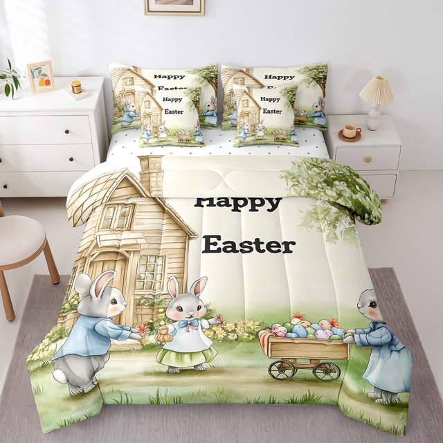 Erosebridal Happy Easter Bedding Sets Twin Size,Rabbit Eggs Comforter Sets with Sheets,Animal Bedroom Decor,Reversible,7pcs