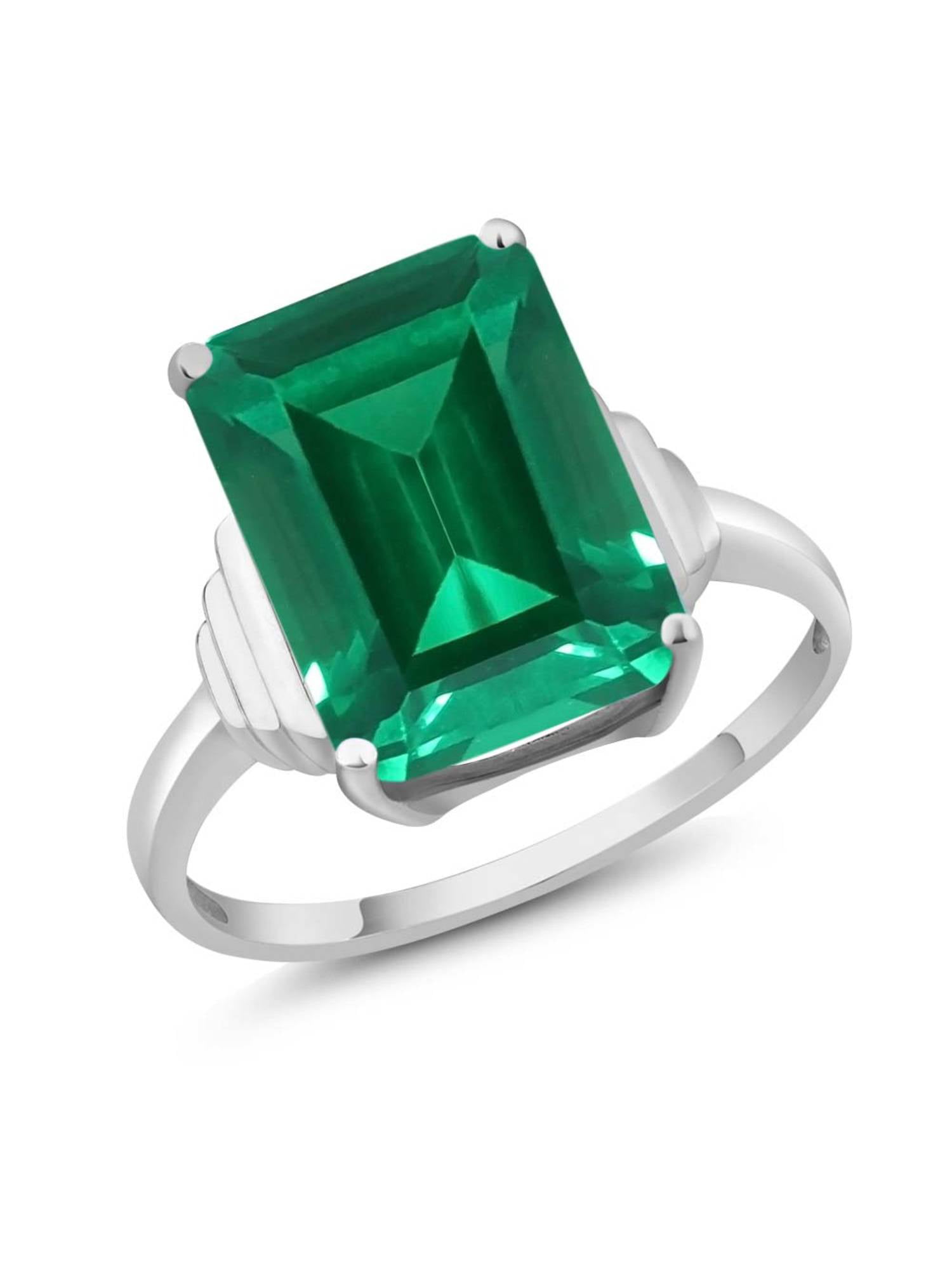 Gem Stone King 925 Sterling Silver Green Nano Emerald Women's Ring 5.00 Ct, Emerald Cut, Available 5,6,7,8,9 