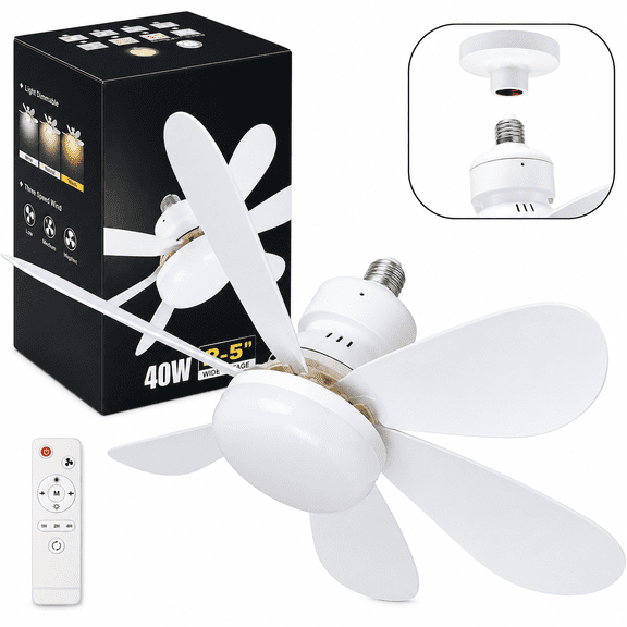 Ceiling Fan Light with Remote Control – Socket‑In Screw‑Fit LED Fan Light for Indoor Cooling & Illumination, 3‑Speed Fan, Adjustable Light Modes for Bedroom & Living Room