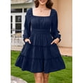 thumbnail image 6 of Fancyglim Dress for Women Long Sleeve Square Neck Short Dress Tiered Ruffle A-Line Flowy Mini Dresses with Pockets Navy Blue XL, 6 of 7