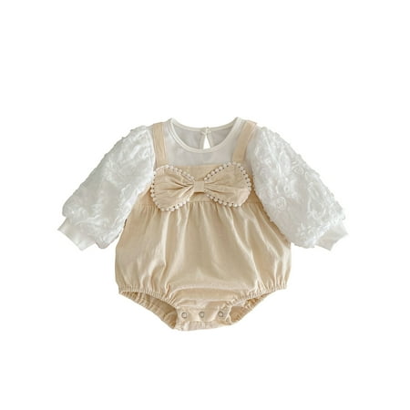 

Musuos Baby Girls Fake-two Lace Jacquard Romper Long Sleeve O Neck Bowknot Patchwork Playsuit