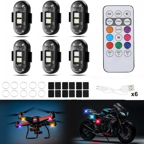6PCS Wireless LED Strobe Lights Remote Control 8 Colors Rechargeable USB Anti Collision Warning Flash Lights Waterproof Car Motorcycle Bike Drone Emergency Lighting Kit