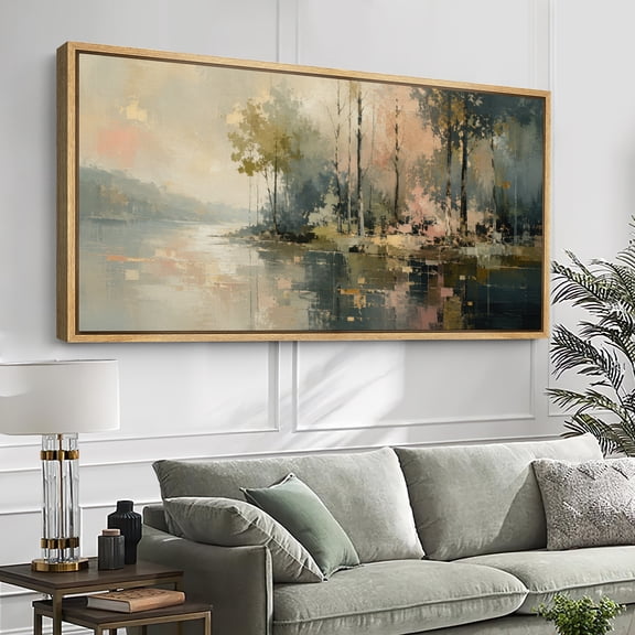 Large Framed Canvas Wall Art Muted Woodland Lake Landscape Print for Living Room Decoration - 60"x30" Natural Frame