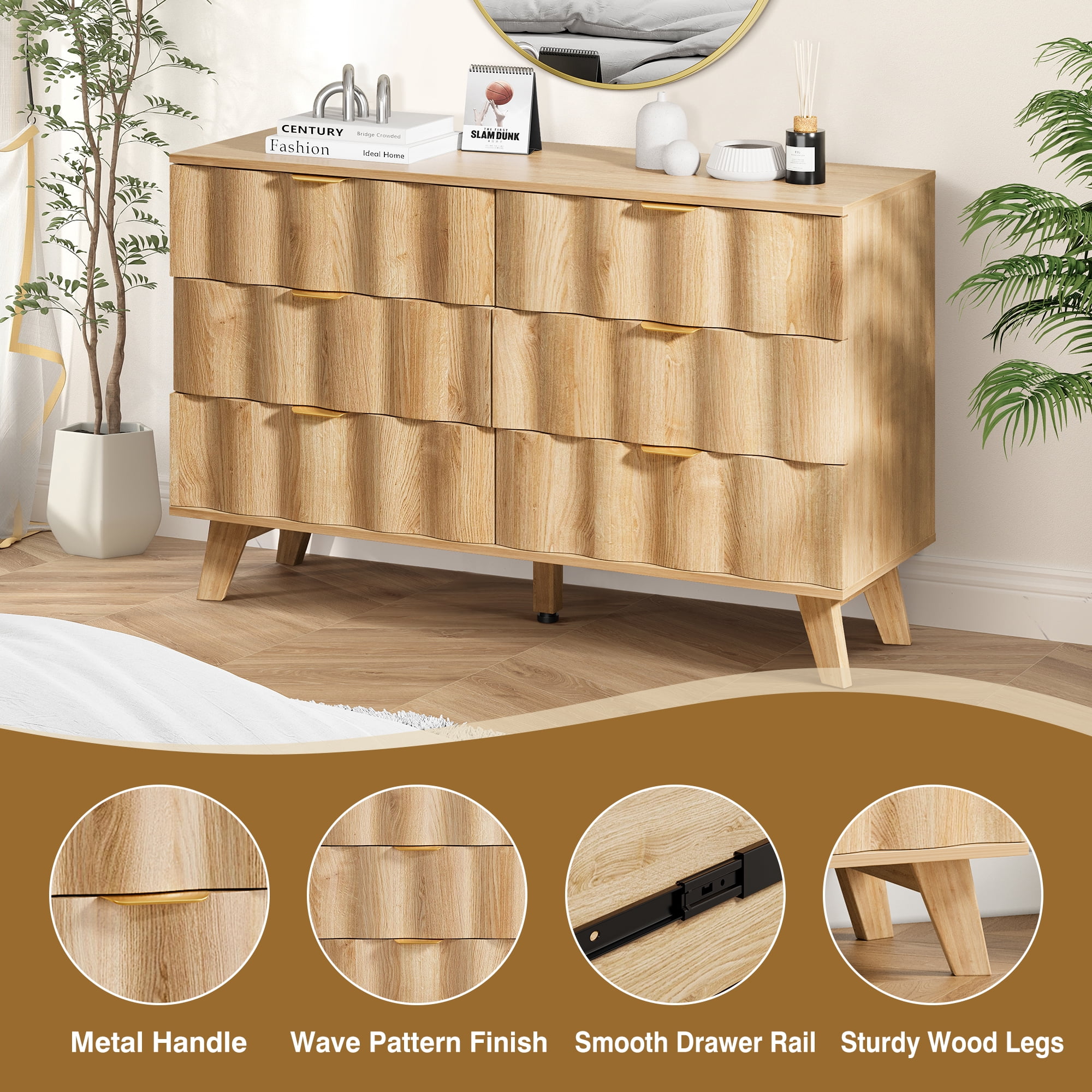Weselon 6 Drawer Dressers for Bedroom, Modern Closet Chest of Drawers with Waveform Fluted Panel, Large Wood Storage Dresser Organizer for Bedroom Living Room Hallway Closet, Natural