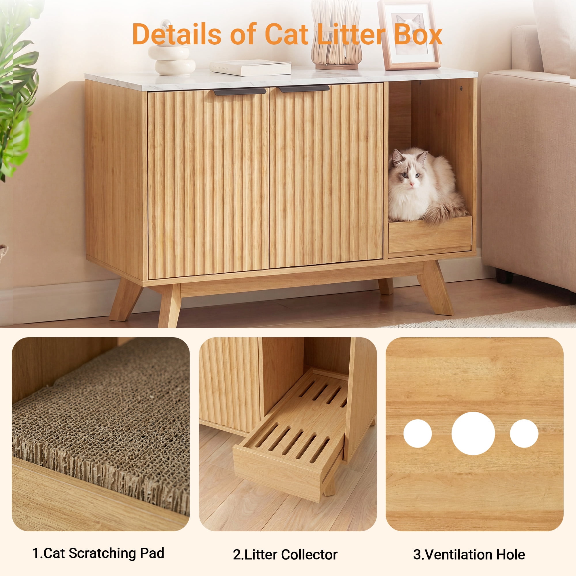 Innovar Home Cat Litter Box Enclosure, 31.5" Large Wooden Hidden Cat Litter Box Furniture,Indoor Cat Washroom for 2 Cats, Dual-Room Cats Cabinet W/Scratching Pad for Living Room Bedroom,Nature Finish