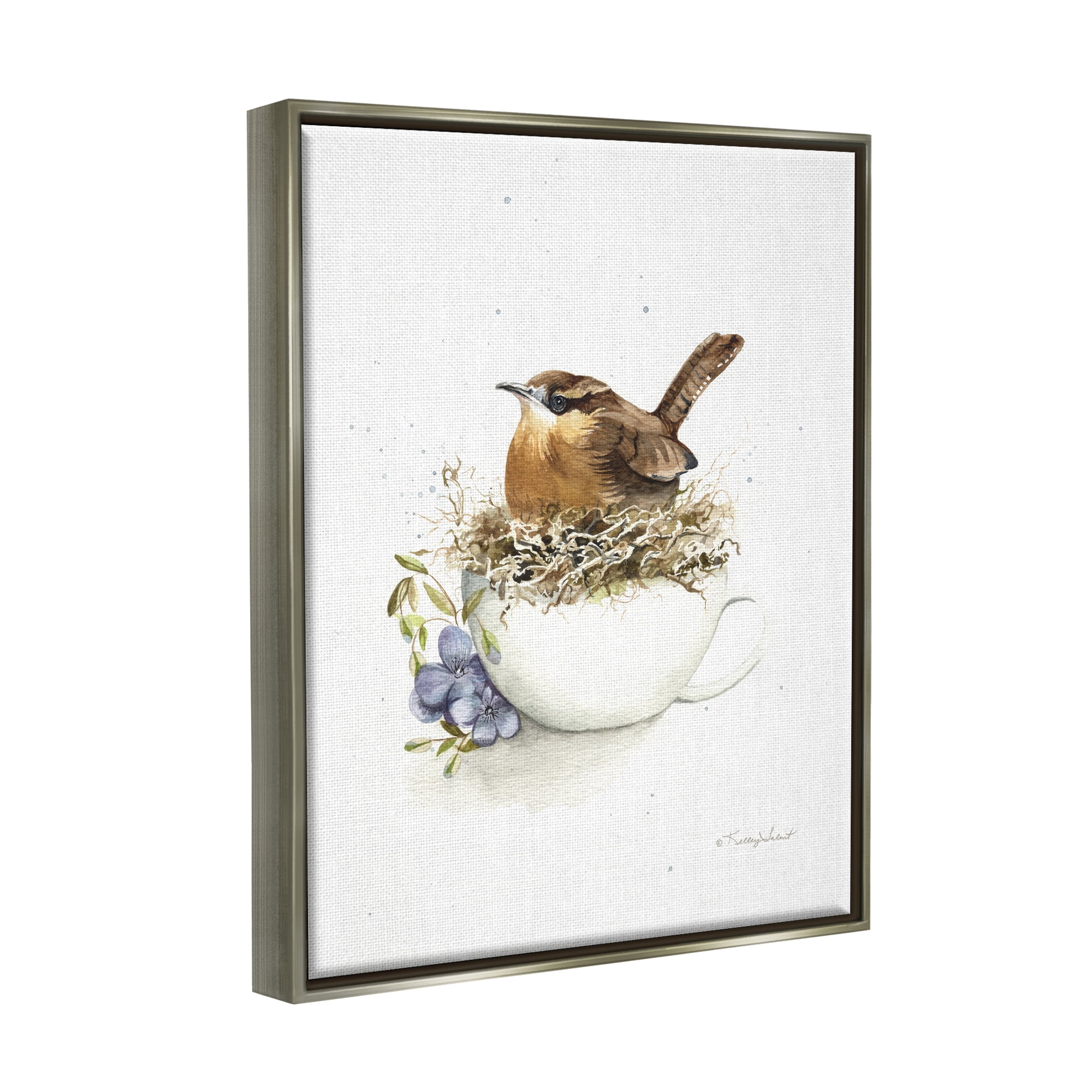 Stupell Industries Bird Nest in Teacup Animals & Insects Painting Gray Floater Framed Art Print Wall Art, 25 x 31