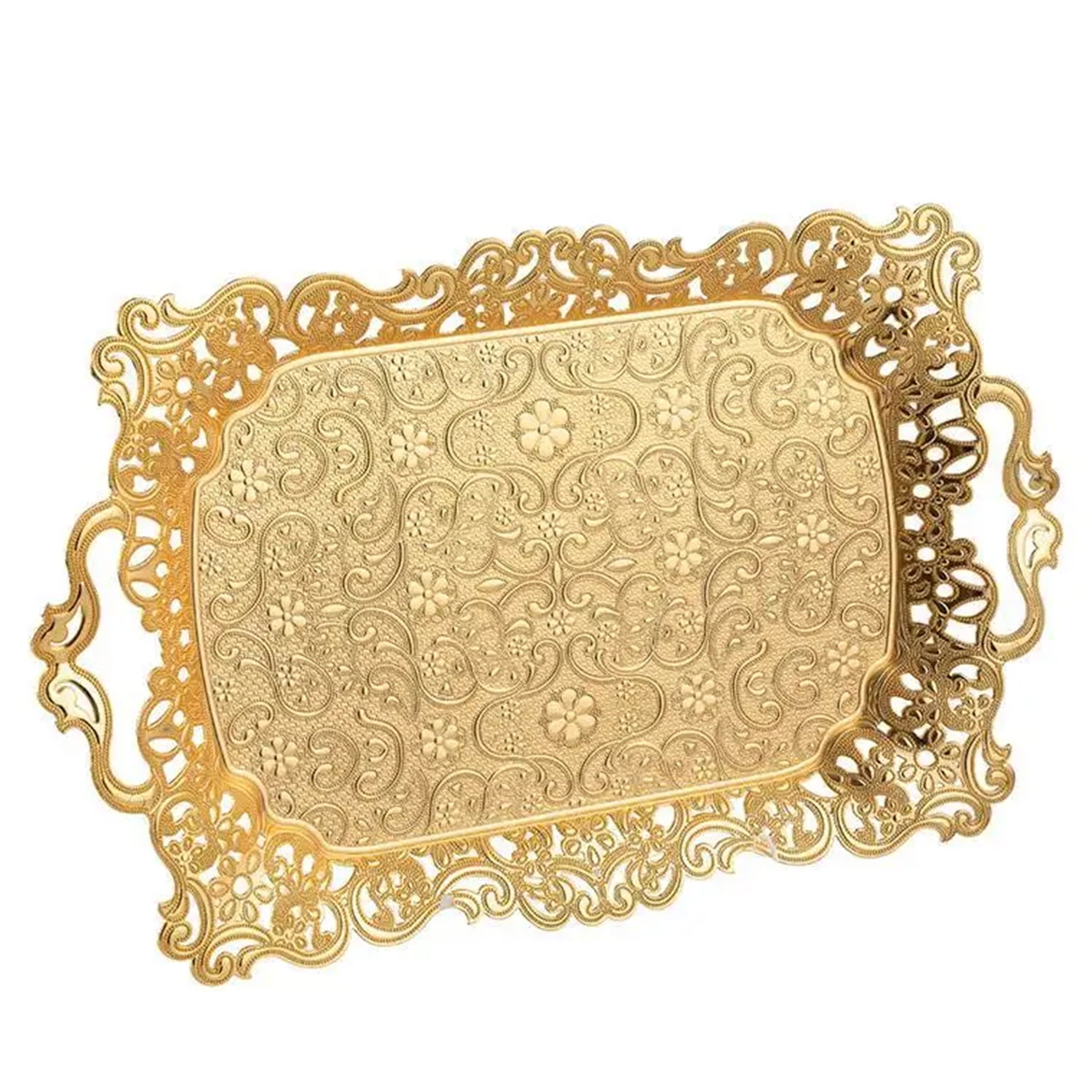 Rectangular Midi Serving Tray in Gold with Floral Embossed Design