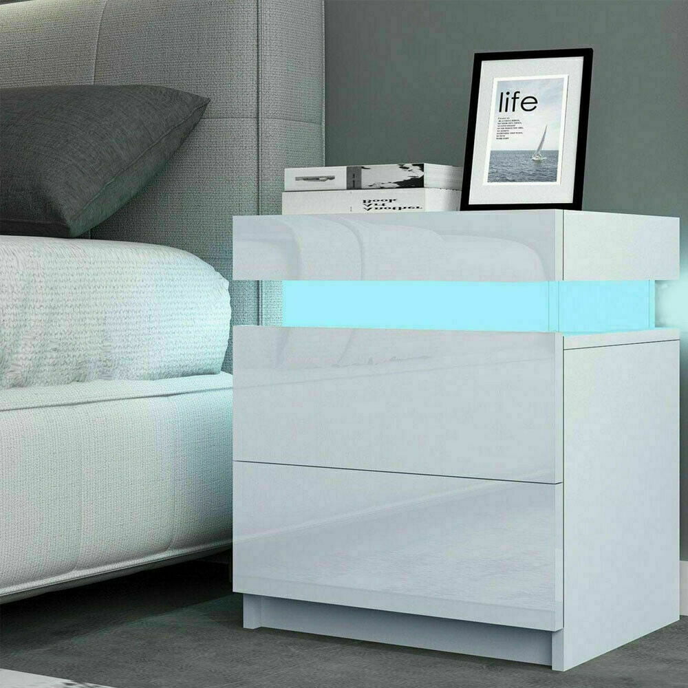 Tall 2Drawer Nightstand with RGB LED Light; High Gloss Bedside Tables