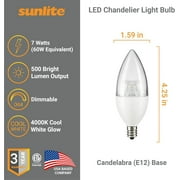 Sunlite LED B11 Clear Torpedo Tip Chandelier Light Bulb, 7 Watts (60W Equivalent), Candelabra E12 Base, Dimmable, 4000K Cool White, 6 Pack