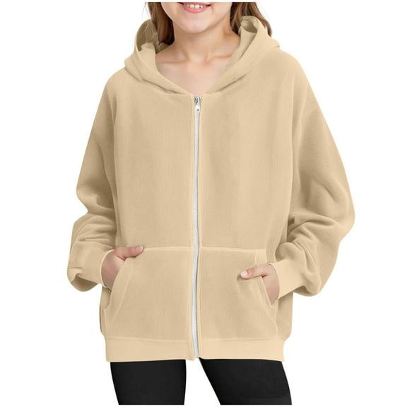 Babcutegg Kid Girls Hoodies Zipper Long Sleeve Soild Color Clothes for Girls Beige