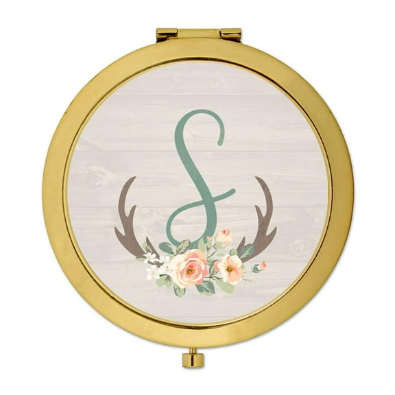Koyal Wholesale Gold Compact Mirror Bridesmaid's Wedding Gift, Floral Rustic Deer Antlers, Monogram Letter S, 1-Pack
