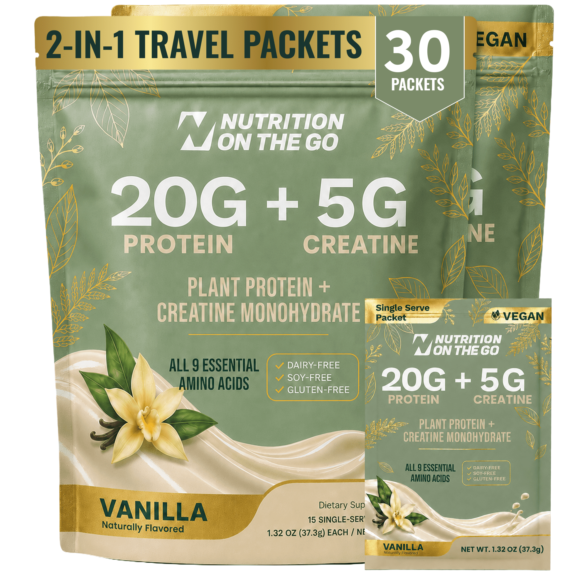Nutrition On The Go Vegan Protein + Creatine Travel Packets, Vanilla, 30 Count