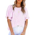 thumbnail image 1 of Blusa de gasa de manga corta para mujer, Camisa holgada de gasa con estampado Floral y cuello redondo elegante a la moda para verano, 1 of 6