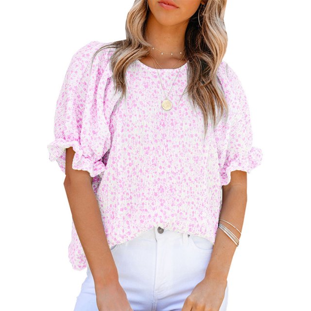 Blusa de gasa de manga corta para mujer, Camisa holgada de gasa con estampado Floral y cuello redondo elegante a la moda para verano