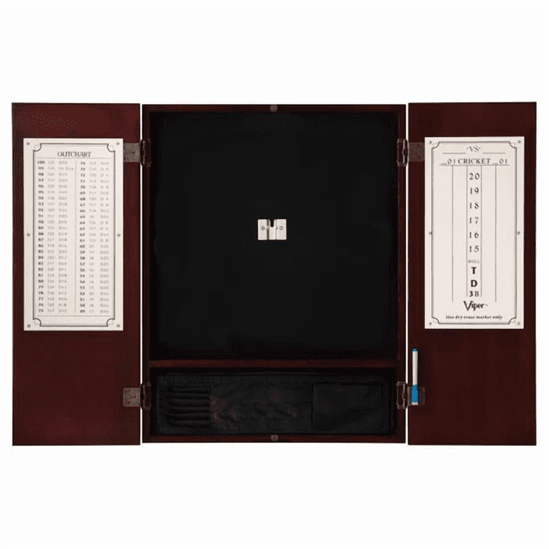 Viper Metropolitan Mahogany Steel Tip Dartboard Cabinet, Viper Dead-On Bristle Dartboard, Viper Underground Raven Steel Tip Darts 25 Grams, and Viper Vinyl Dart Mat