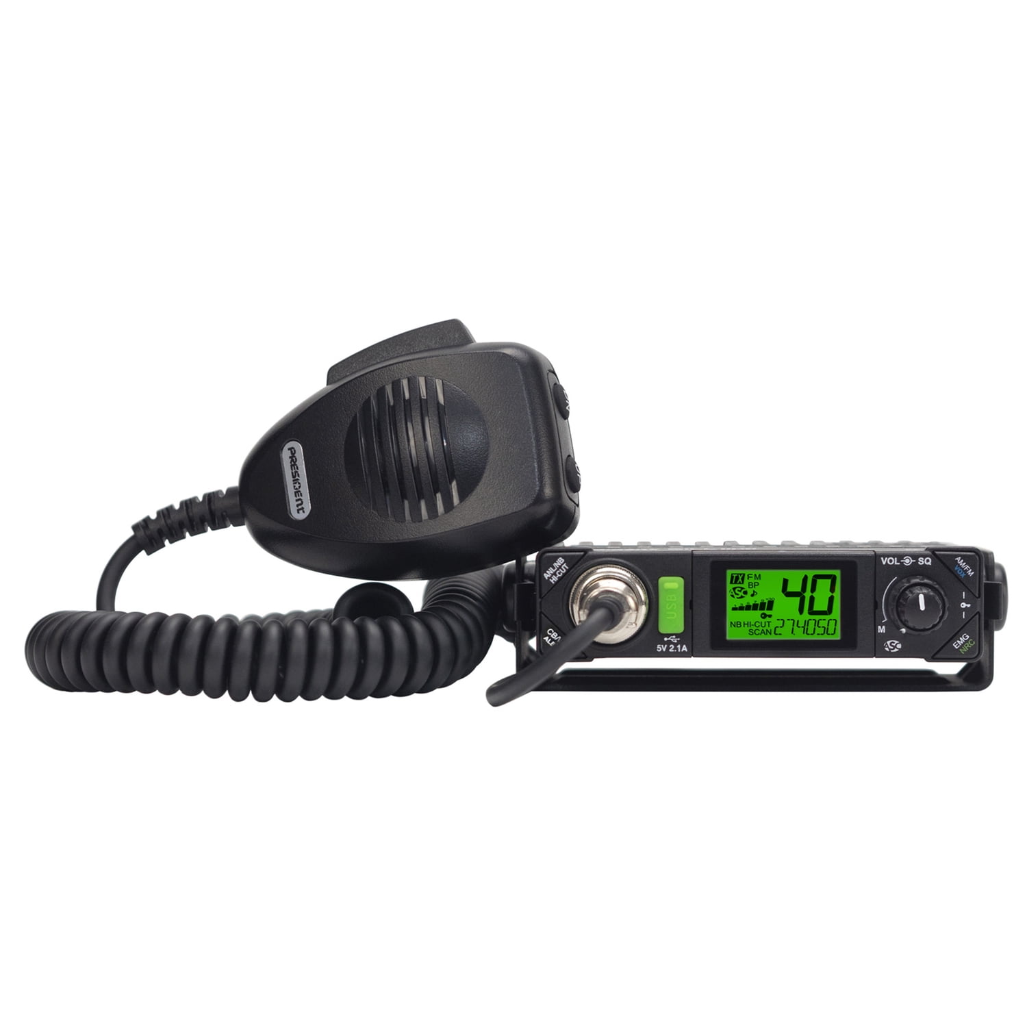 PRESIDENT CB Radio Premium Compact Kit with BILL III FCC 40-Channel AM/FM/Alert CB Radio with P-Channels, Mic, and Virginia Fixed-Magnet-Mount Antenna