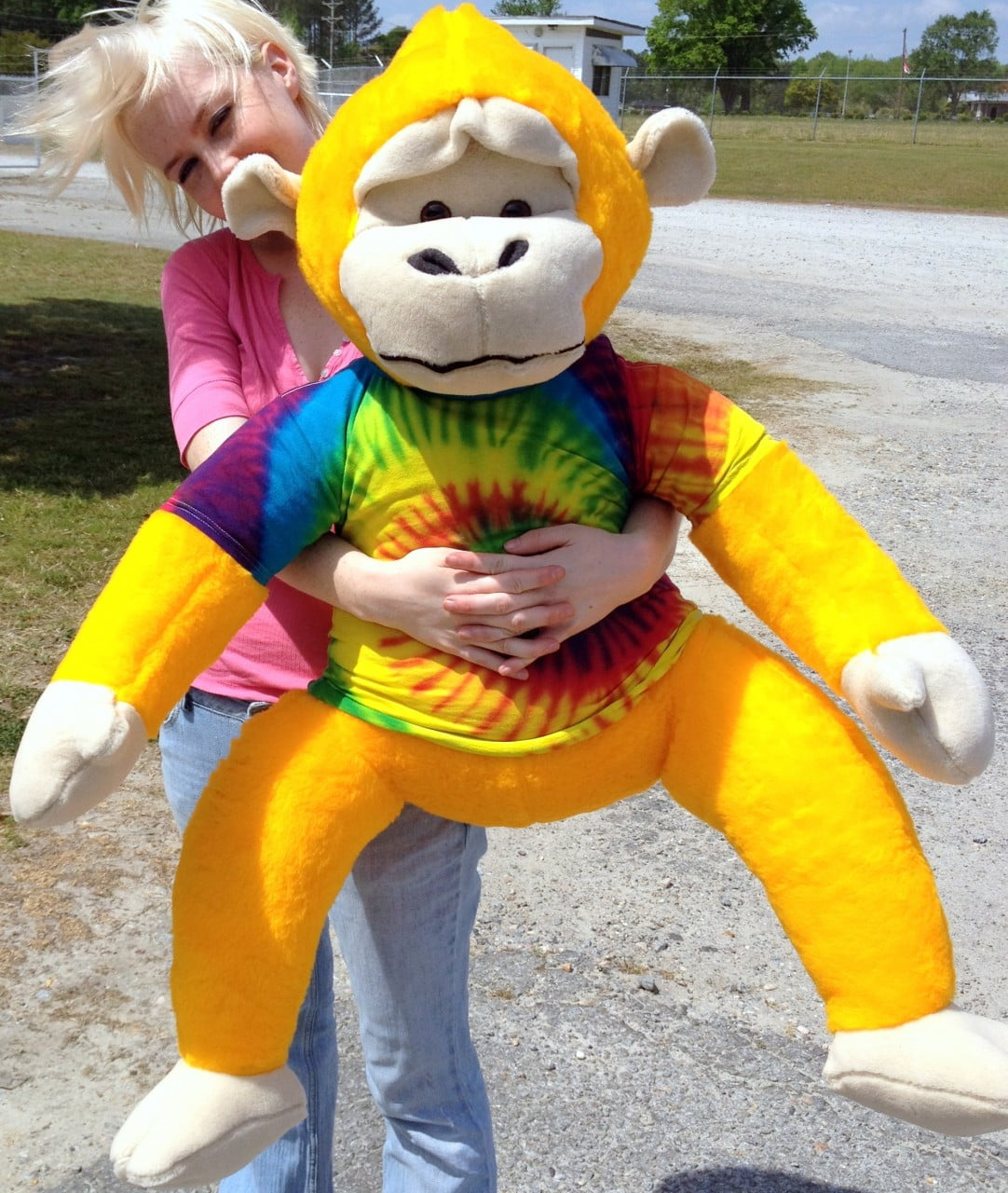 40-inches tall Yellow Groovy Hippie Monkey wearing Rainbow Tie Dye T-Shirt  MADE IN USA