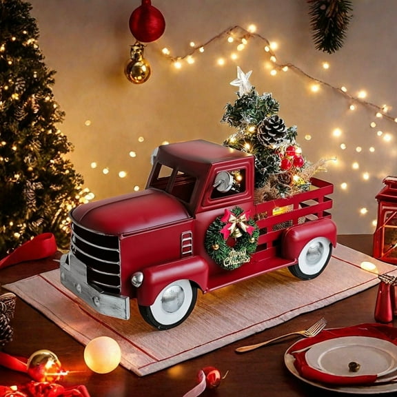 Christmas Red Truck Decor with Warm White Flashing Lights and Christmas Tree - Rustic Farmhouse Style, Vintage Metal Pickup Truck for Holiday Home & Party Decorations, Unique Christmas Gifts Idea