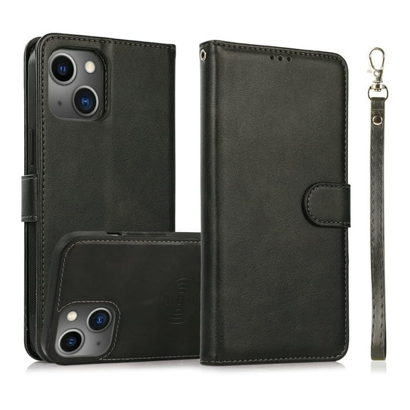 Wallet Case for iPhone 15, 2 In1 PU Leather Flip Phone Case with Detachable Magnetic TPU Inner, Kickstand Phone Cover with Card Slots & Wrist Strap for iPhone 15, Black