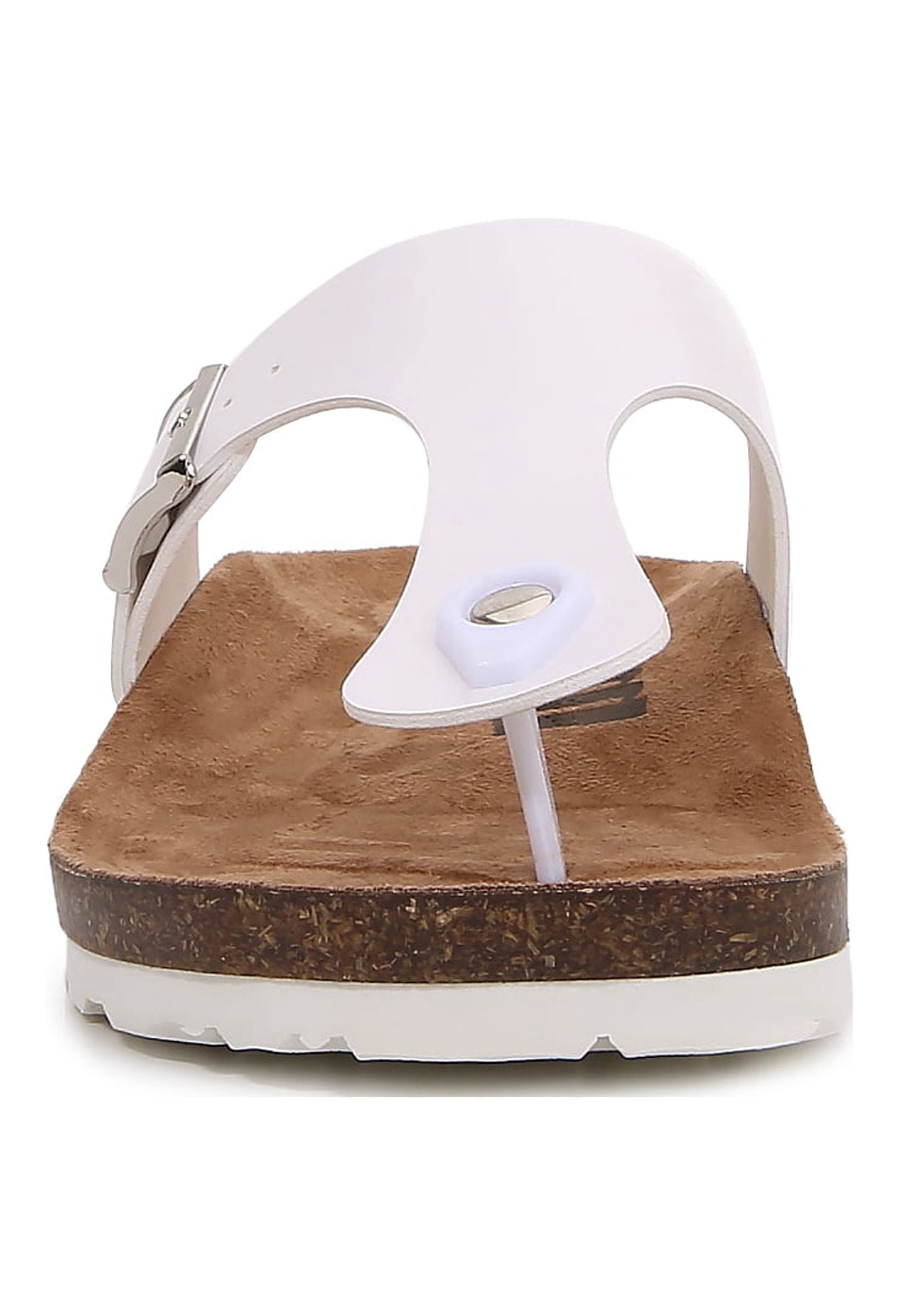 Women Soft Cork Footbed PU Leather Hook and Loop T Strap Flip Flops (PU White / 8 )
