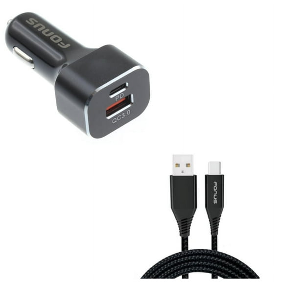 2-Port USB 36W Quick Car Charger w Charger Cord Type-C 6ft USB Cable L4X for OnePlus 5T, 6, 6T, 7 Pro - Razer Phone 2 - RED Hydrogen One - Samsung Galaxy Tab S3 9.7 S9 Plus, S8  S8, S10e S10