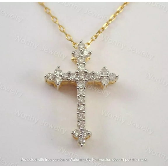 1.50Ct Round Cut D/VVS1 Diamond Cross Pendant 14K Yellow Gold Finish Free Chain