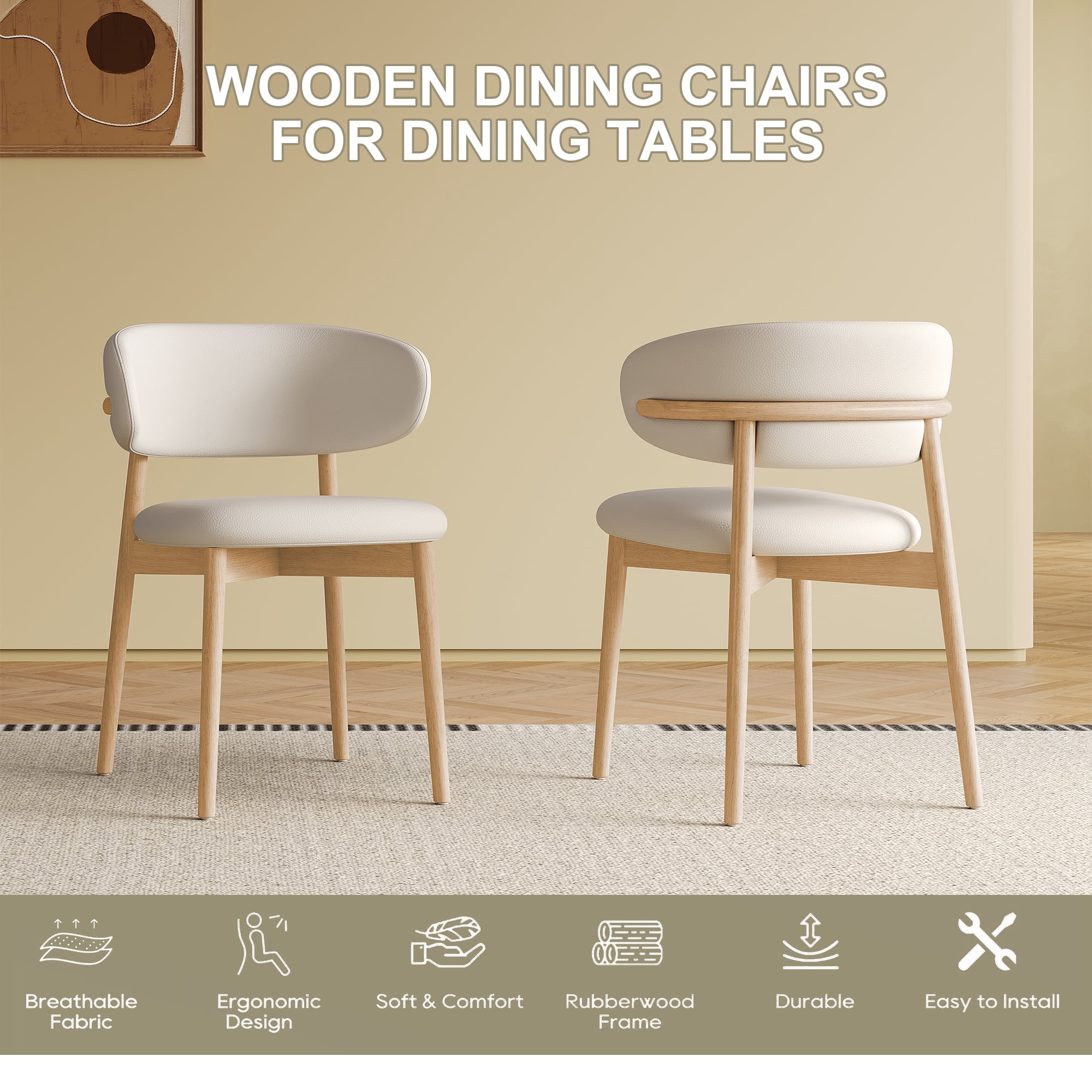 Dining Chairs Set of 2, Modern Faux Leather Dining Wood Legs for Living Kitchen Dining Room (Beige and Wood)