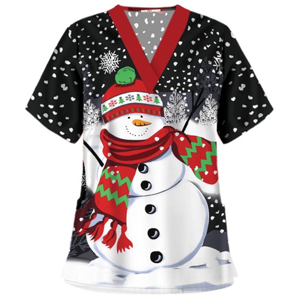 Puntoco Blusa de Navidad de uniforme de trabajo con cuello en V y manga corta para mujer Puntoco Puntoco-2108