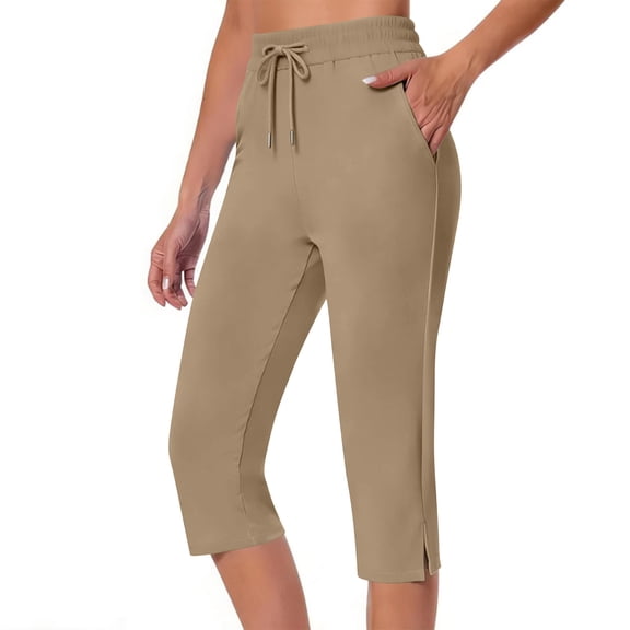 Women's Yoga Capris with Side Pockets Stretchy Solid Color Drawstring Elastic Waist Sports Pants Comfy Breathable Loose Cropped Trouser New Khaki XXL