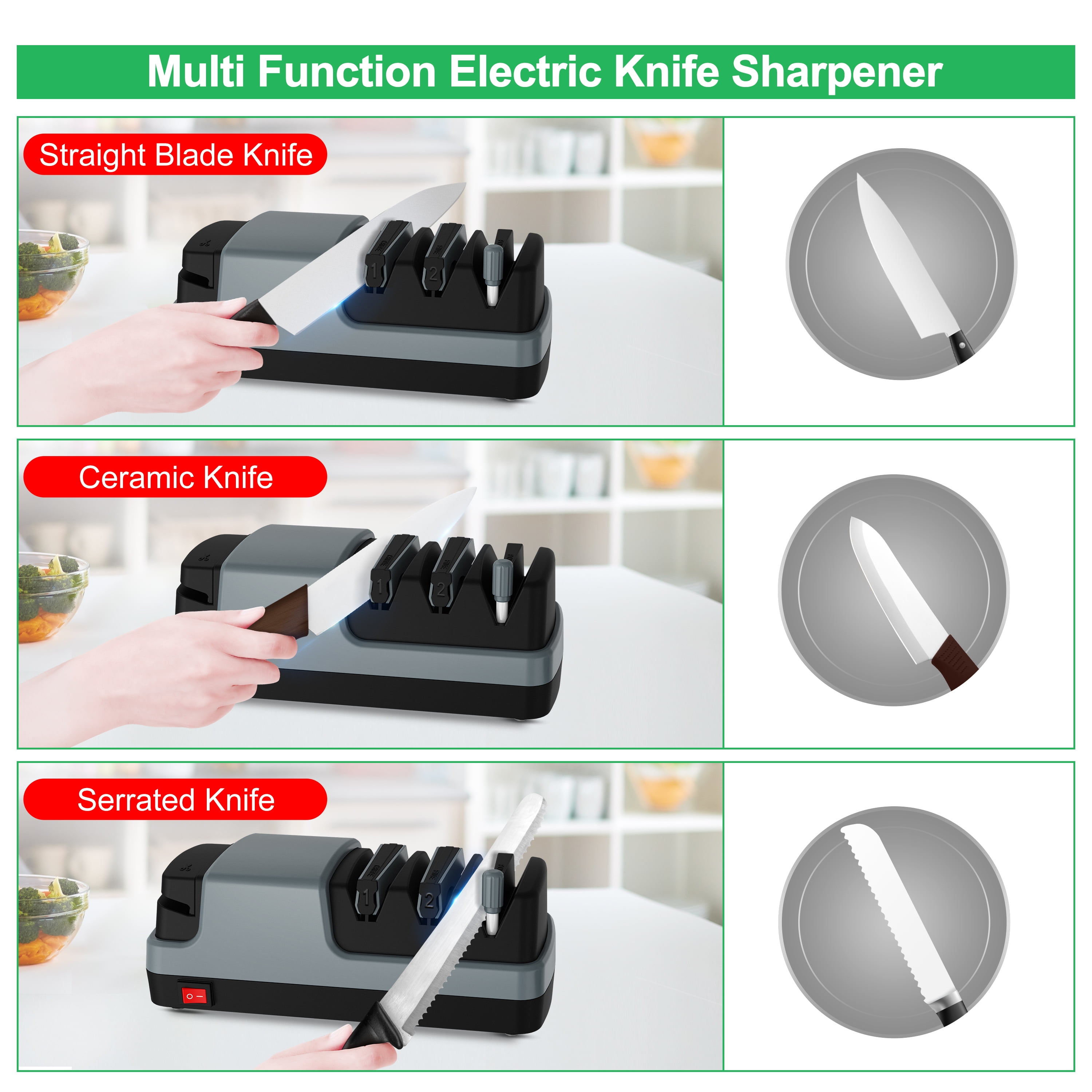 Electric Knife Sharpener- 4 in 1 Electric Knife Sharpeners for Kitchen Knives, Straight Blade Knives & Serrated Knives & Ceramic Knives & Scissors