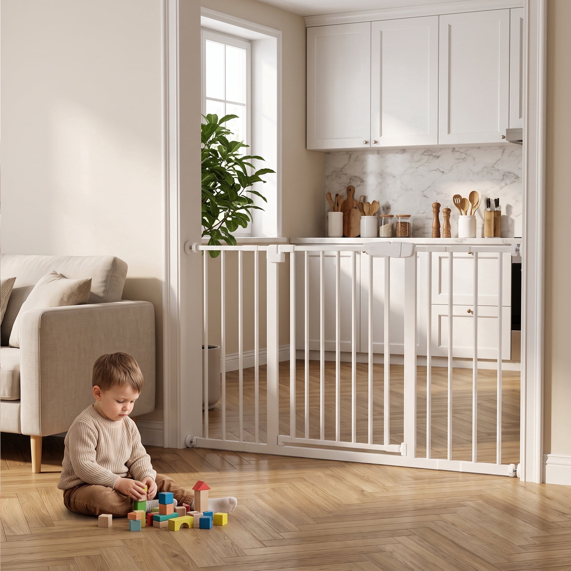 JIOABL Adjustable Baby Gate, 30"-49" Child Gate for Stairs and Doorways, Auto Close Pet Gate with Pressure or Hardware Mount, 29.9" High