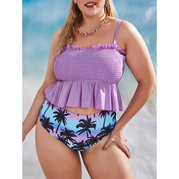 Talla grande Smocked Coconut Palm Hawaii Tankint Swimweet Rosegal Vestidos casuales de talla grande