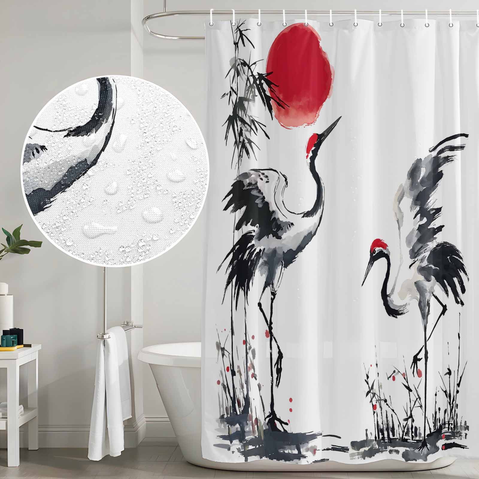 Small Stall Shower Curtain 36x72 Inch Narrow Half Size Crane Bath Curtains Bathroom Decor, Black White Ink Wash Red Moon Botanical Waterproof Fabric Shower Curtain Set with Hooks 36 Inch