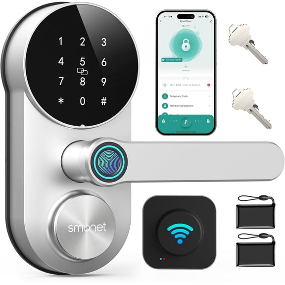 SMONET Smart WiFi Lock for Front Door Fingerprint Keypad Lock with Handle - Keyless Entry Door Lock Compatible with Alexa Easy Installation
