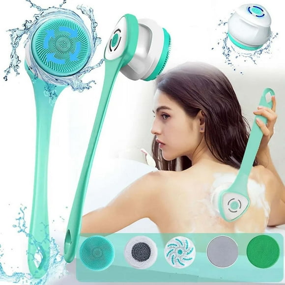 Cepillo de ducha recargable 5 en 1 con mango largo - Exfoliante corporal, fregador de espalda y cepillo limpiador facial para una experiencia de baño tipo spa