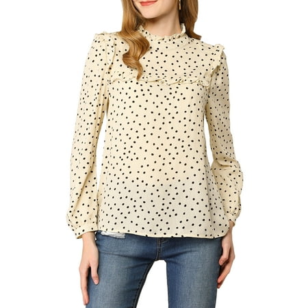 Women's Polka Dot Ruffle Trim Long Sleeve Back Bow Tie Blouse S Beige