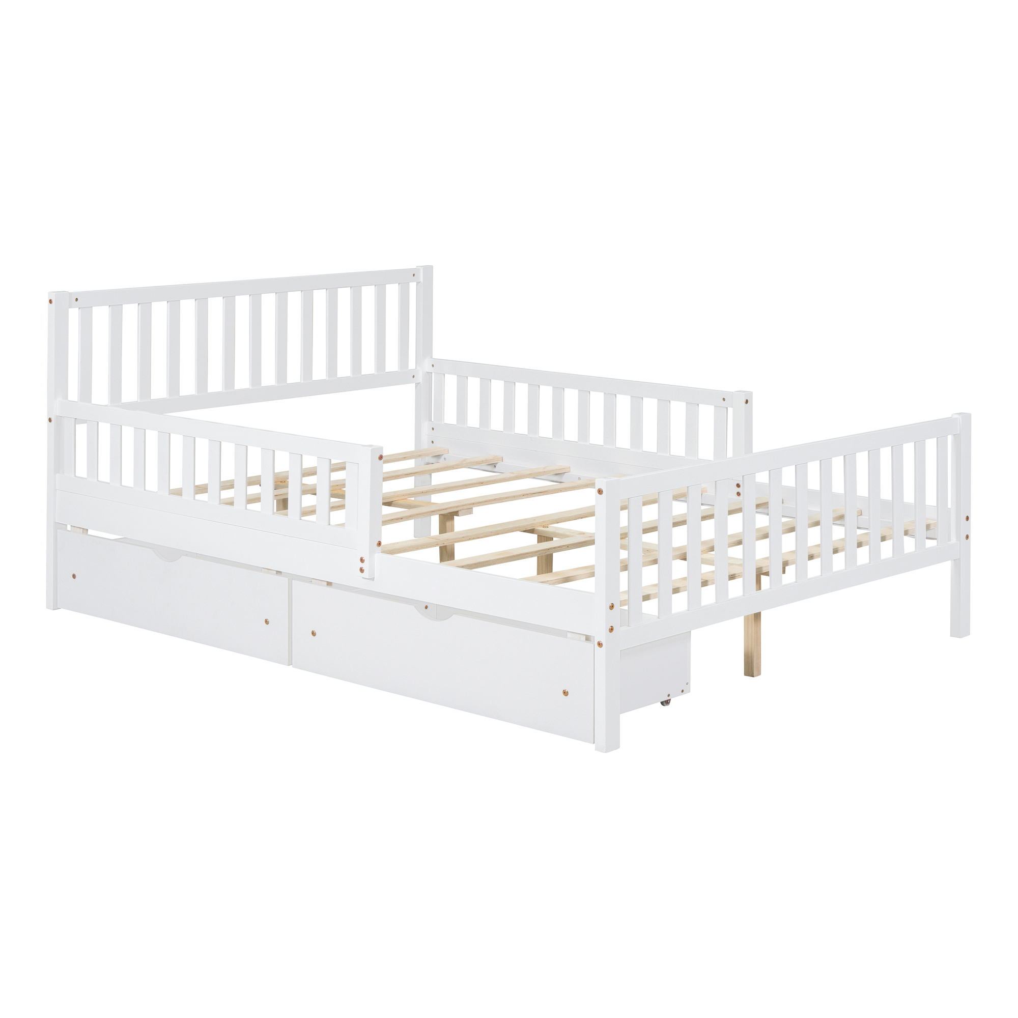Leumius Full Size Wood Platform Bed with Guardrails on Both Sides and Two Storage Drawers for Bedroom Guest Room White