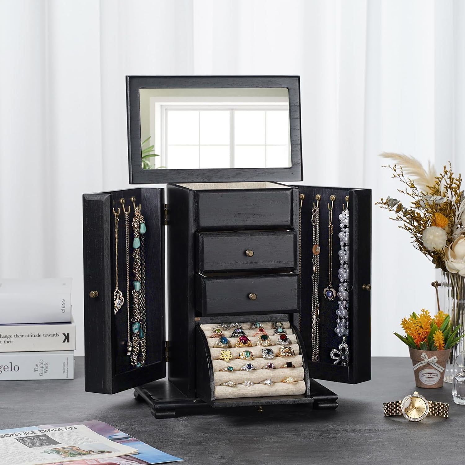 Sfugno Jewelry Box, 4 Layer Wooden Jewelry Boxes for Women, Jewelry Organizer Box Display for Rings Earrings Necklaces Bracelets,Black