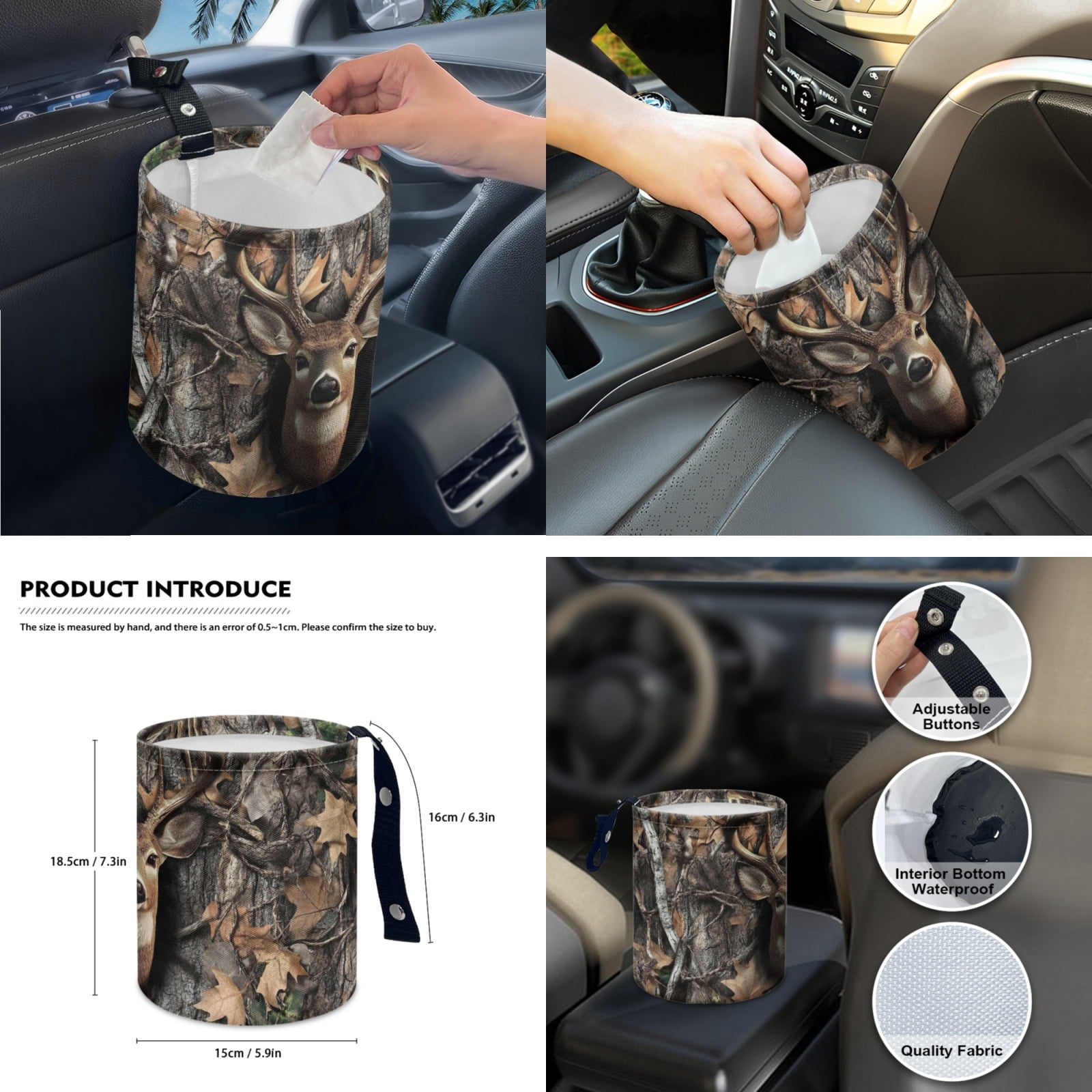Yuyamidu Deer Front Rear Car Seat Covers Full Set Camo Hunting Steering Wheel Cover Seat Belt Pads Coasters Waste Bin Armrest Cover Cup Holders Rearview Mirror Cover Handbrake Cover Set, 14 Pack