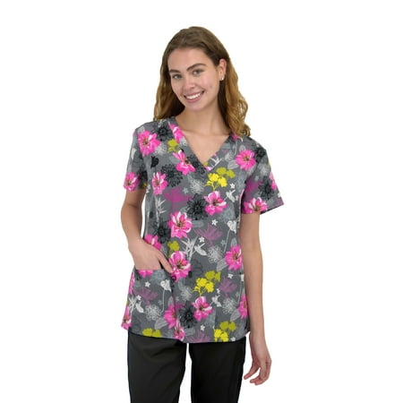 

Womens Medical Nursing Print Scrub Uniform Top GT Performance-Layered Floral Gray-Medium