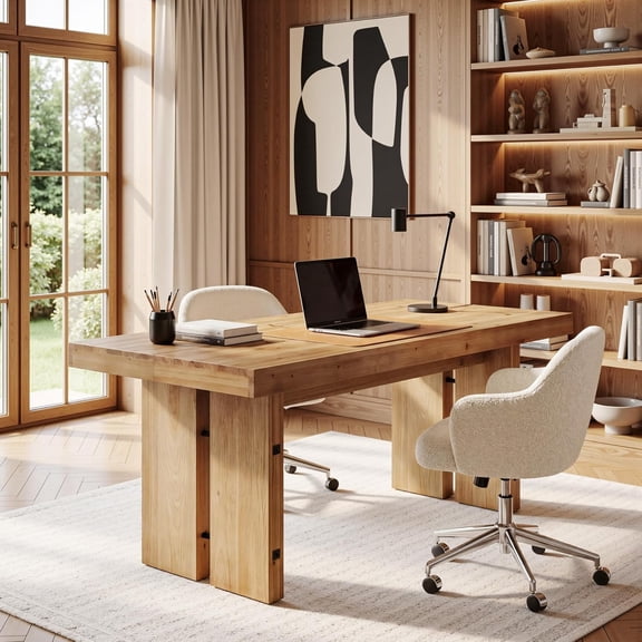 Tribesigns 63-Inch Farmhouse Executive Desk, Solid Wood Computer Desk with Large Tabletop for Home Office, Light Brown