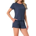 thumbnail image 4 of INSPIRE CHIC Women's Pajama Sets Short Sleeve Crewneck Top with Shorts Ruffle 2 Pcs Lounge Set with Pocket XS Navy, 4 of 6