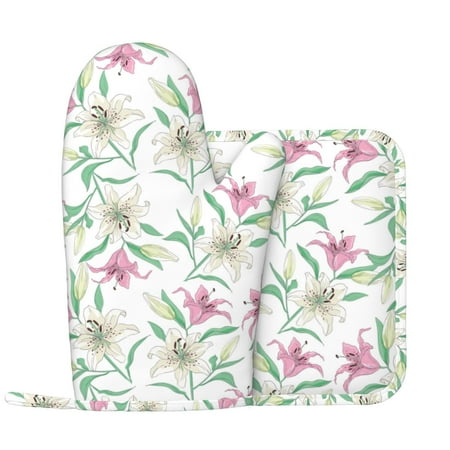 

Pink White Lilies Flowers Oven Mitts and Pot Holders Sets with 1 Non-Slip Left Silicone Oven Mitts and 1 Heatproof Insulated Hot Pads for Kitchen Use in Cooking Baking Grilling