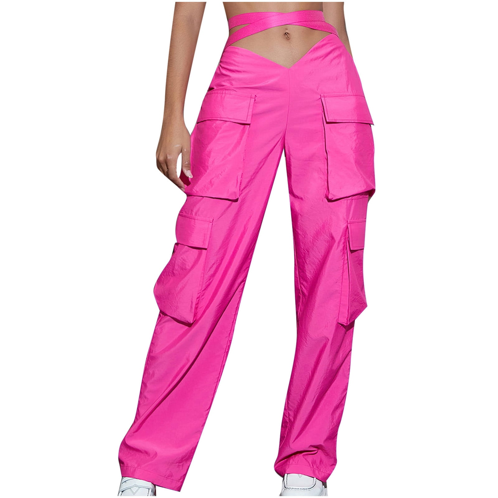 JWZUY Streetwear Cargo Pants for Women High Elastic Waisted Criss Cross V  Waist with Belt Straight Pants with Pockets Hot Pink M 